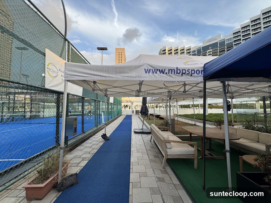 Outdoor sports facility with seating area