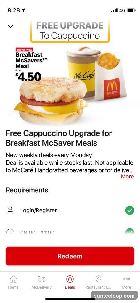 Free Cappuccino Upgrade for Breakfast McSaver Meals