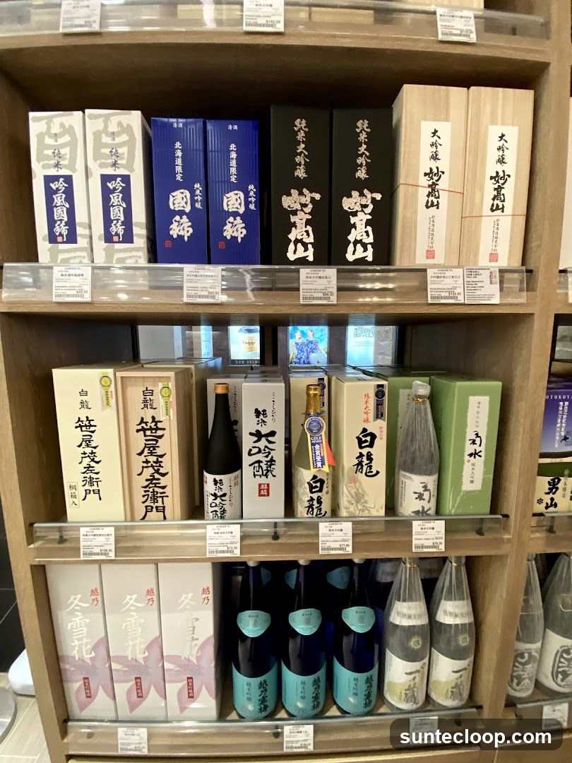 Sake Bottles and Boxes on Shelves
