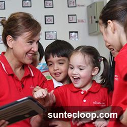Teacher and children looking at a tablet