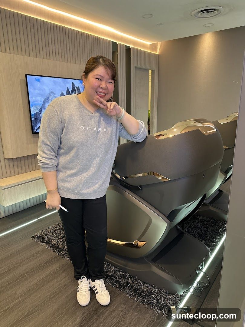 Woman posing next to a massage chair
