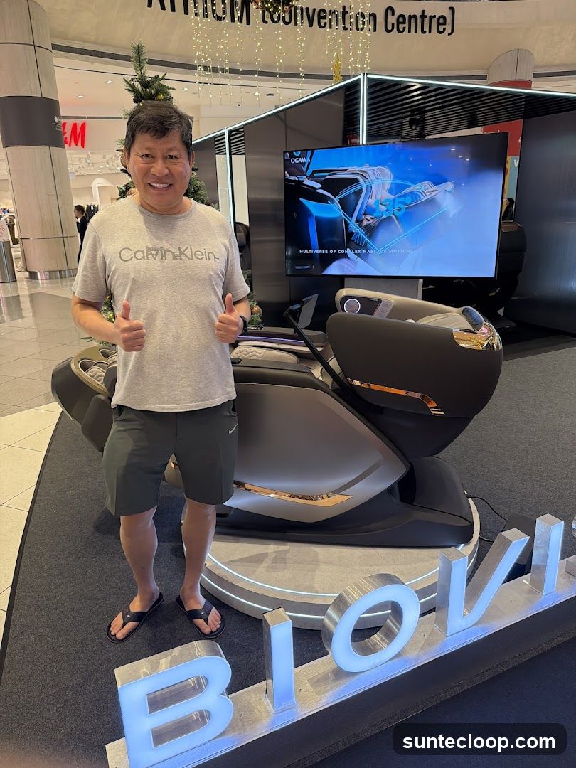 Man posing with a massage chair