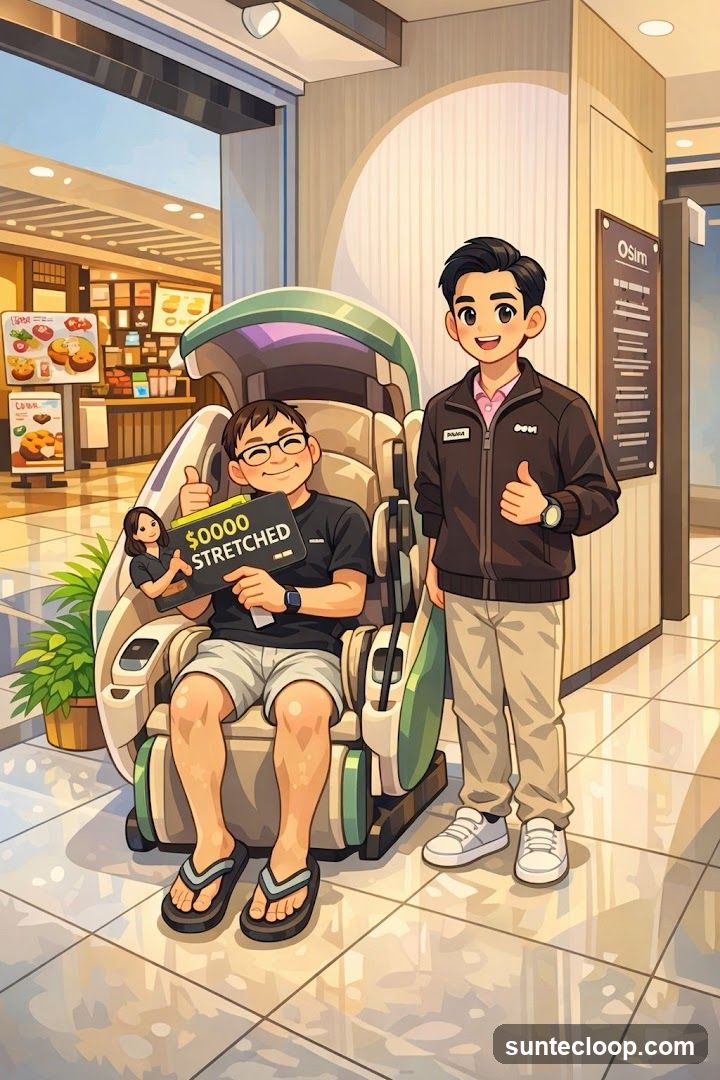 Man sitting in a massage chair with a sign