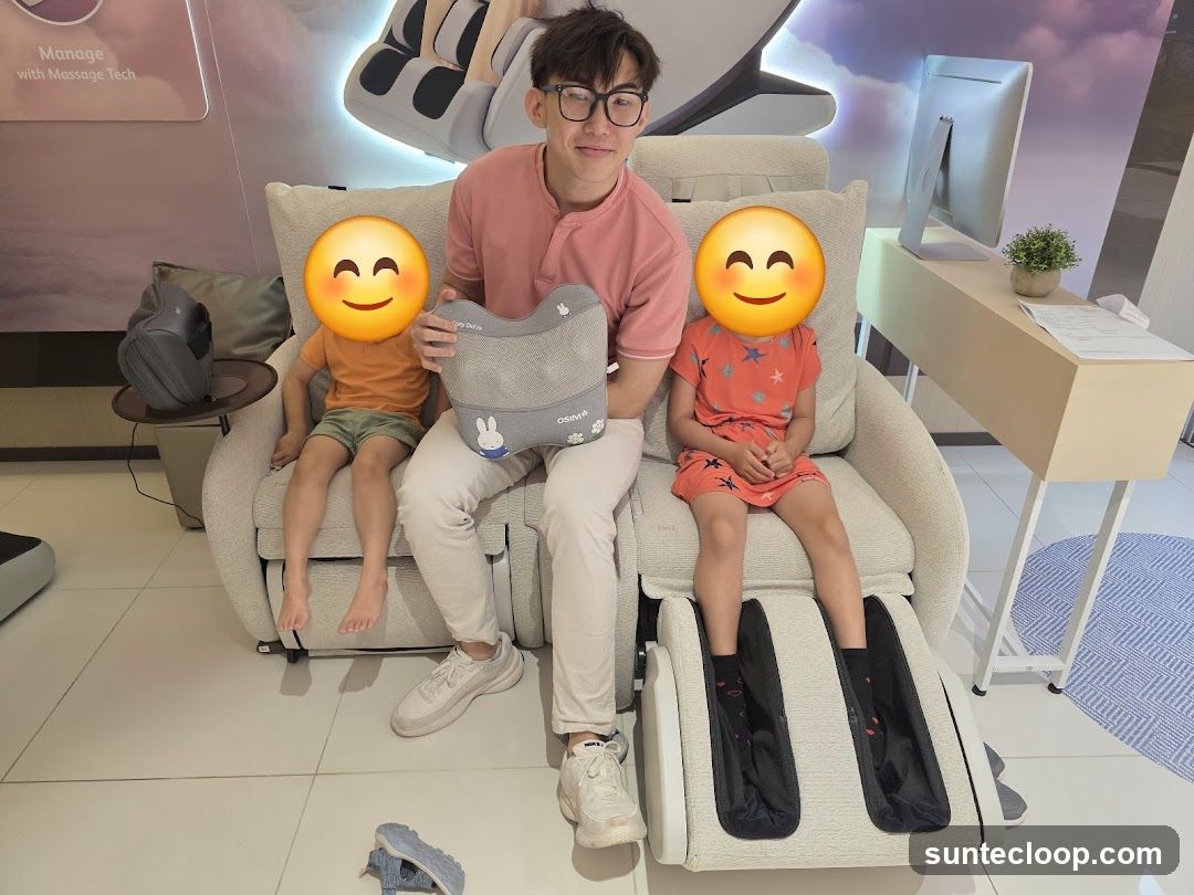 Family trying out a massage chair