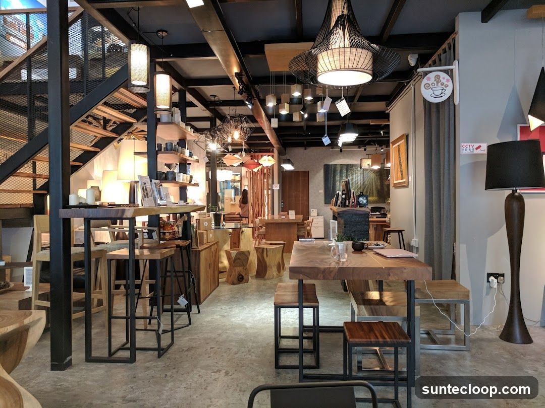Interior of a cafe with wooden furniture and modern lighting