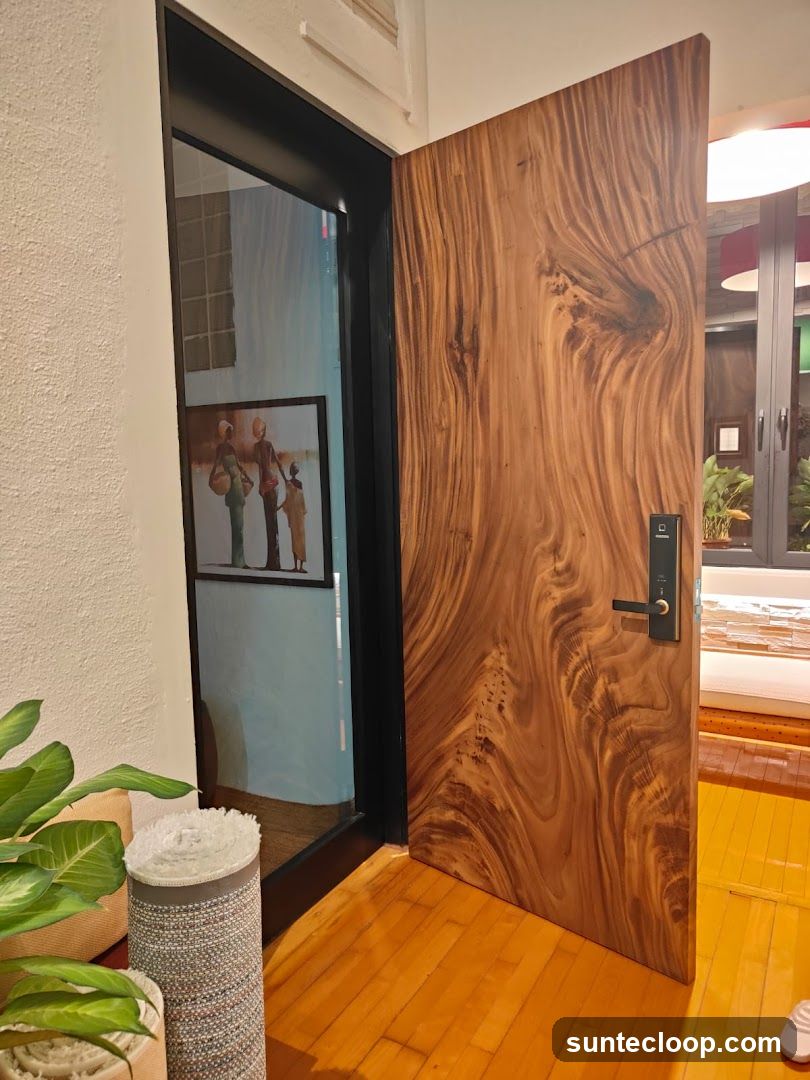 Open wooden door with artwork inside