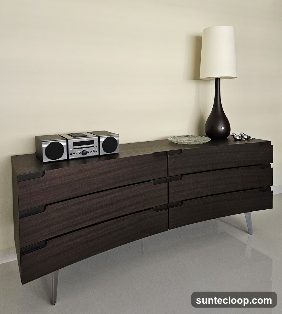 Modern Dresser with Stereo and Lamp