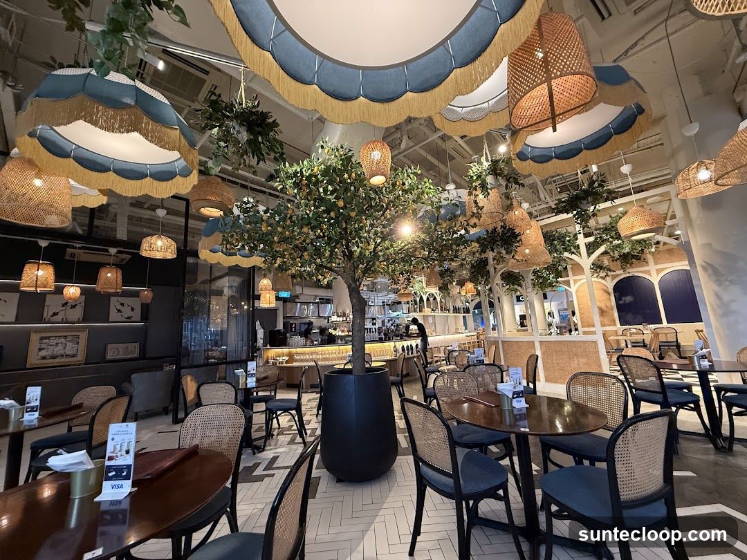 Restaurant Interior with Decorative Lighting and Trees