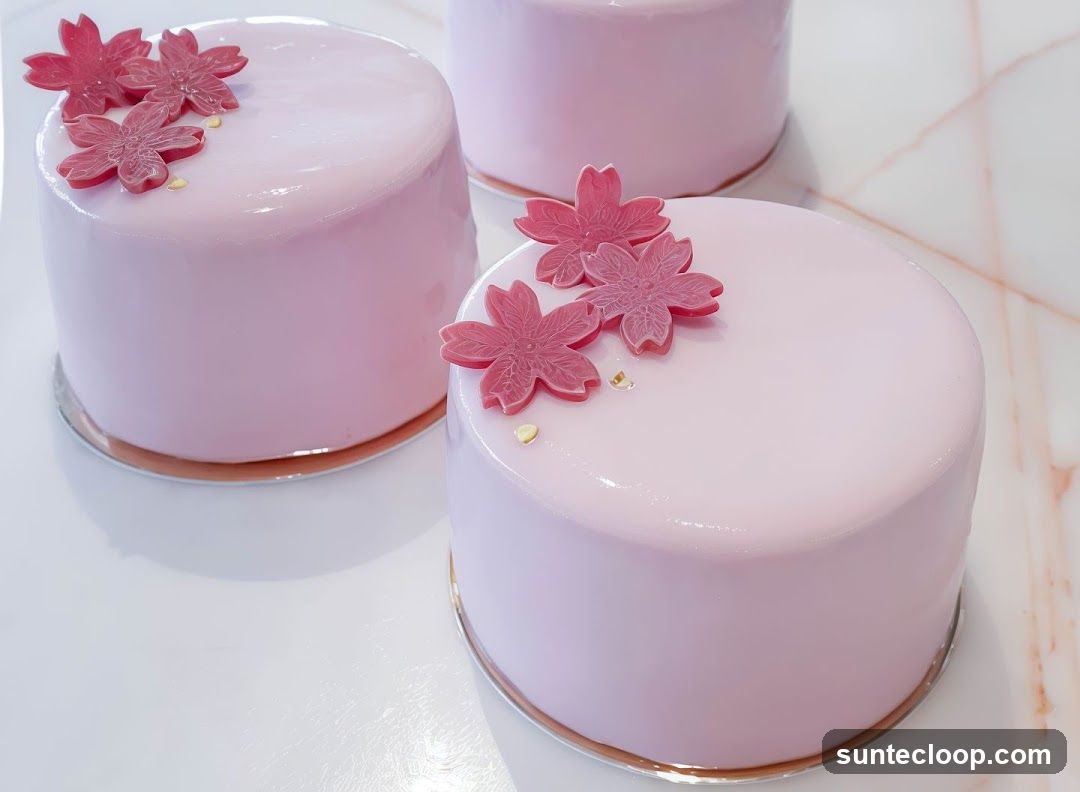 Pink Mirror Glaze Cakes with Cherry Blossom Toppers