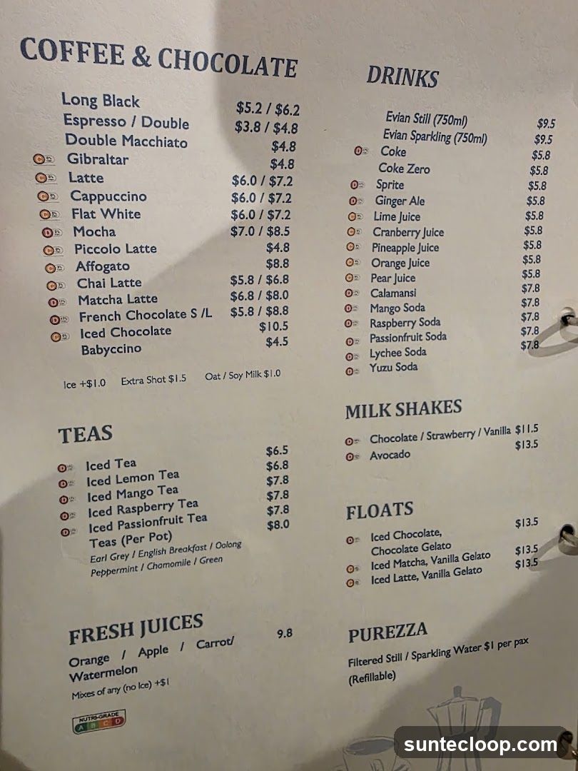 Coffee & Chocolate, Drinks, Teas, Milk Shakes, Floats, Fresh Juices, Purezza