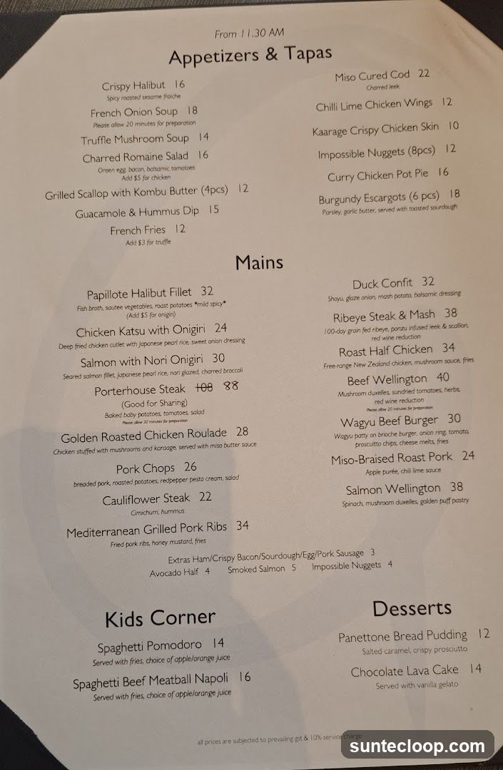 Appetizers & Tapas, Mains, Kids Corner, Desserts