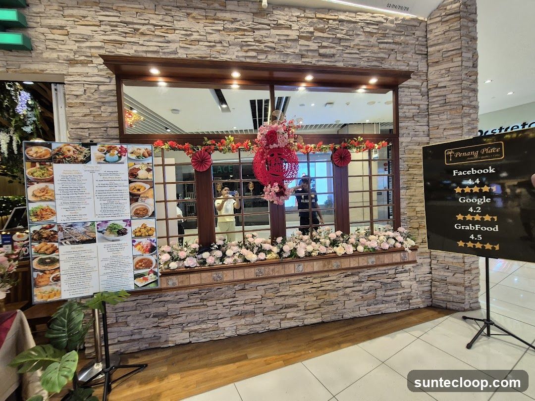 Restaurant storefront with menus and review board