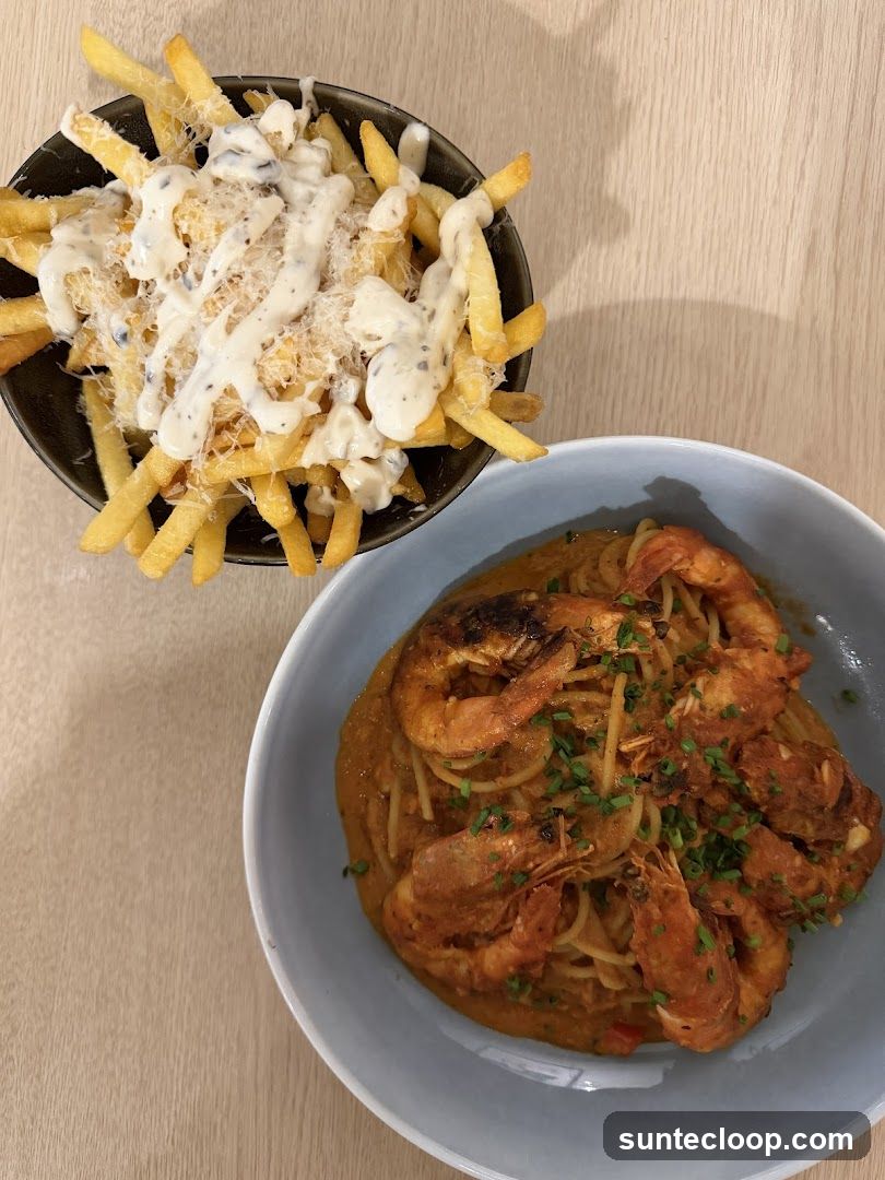 Shrimp Pasta and Truffle Fries