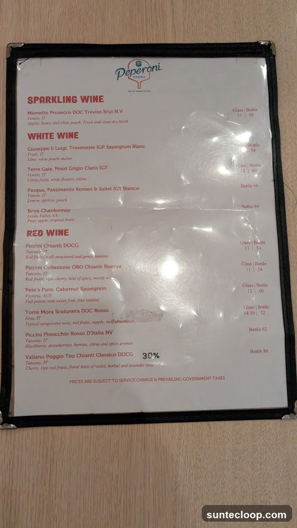 Peperoni Pizzeria Wine Menu
