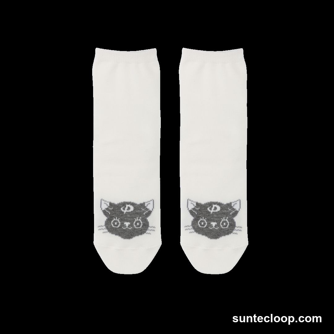 White Socks with Black Cat Design