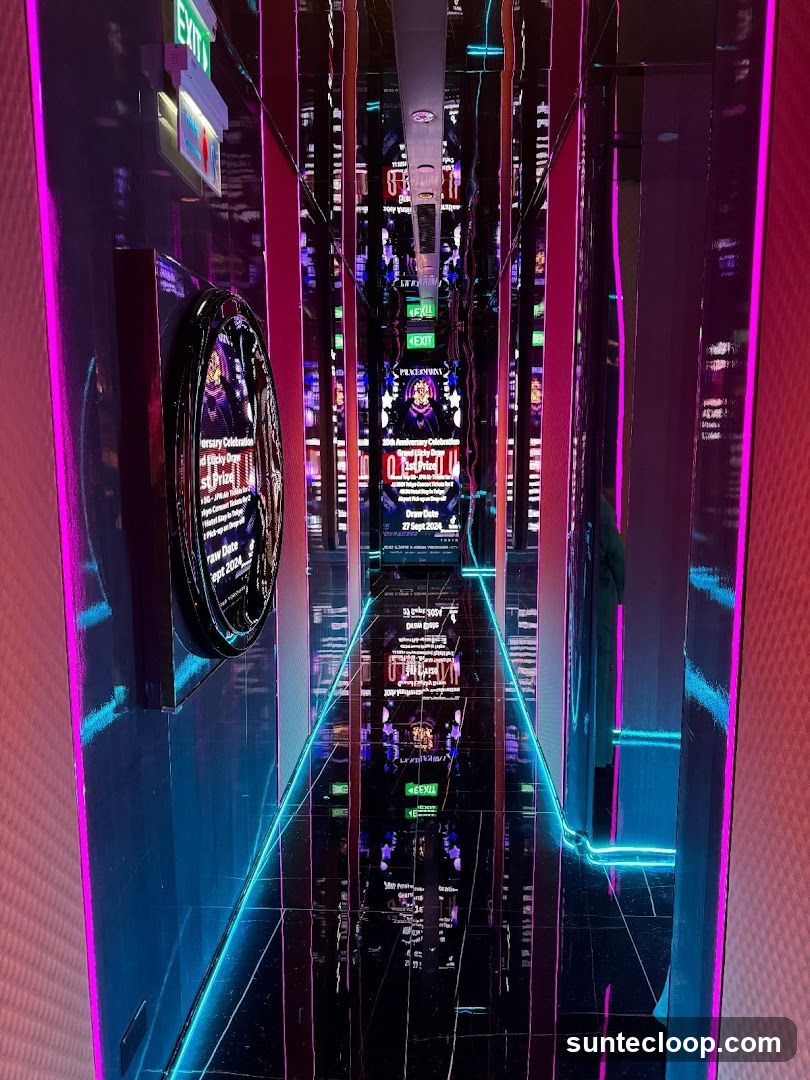 Reflective Hallway with Neon Lights