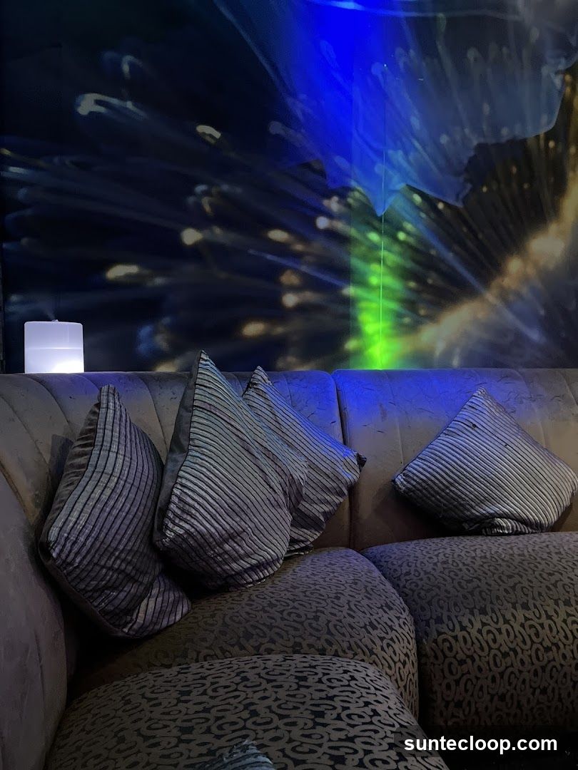 Sofa with decorative pillows and illuminated wall art