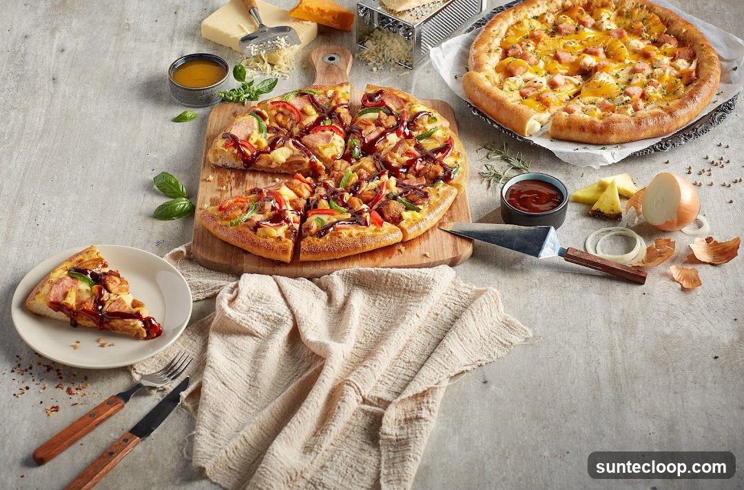 Two pizzas with various toppings and ingredients