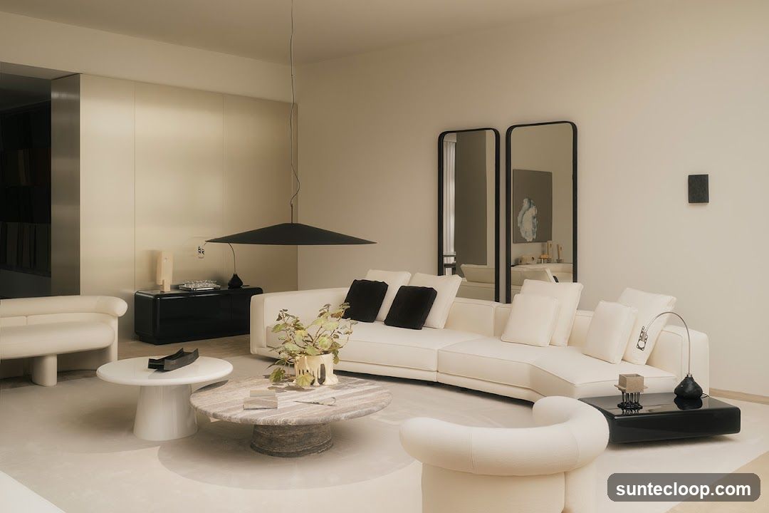 Modern Living Room with White Sofa and Marble Coffee Table