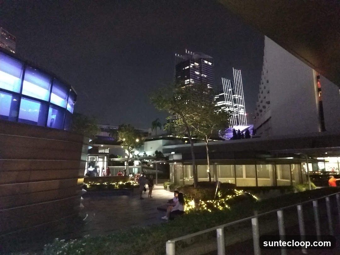 Nighttime plaza with modern architecture