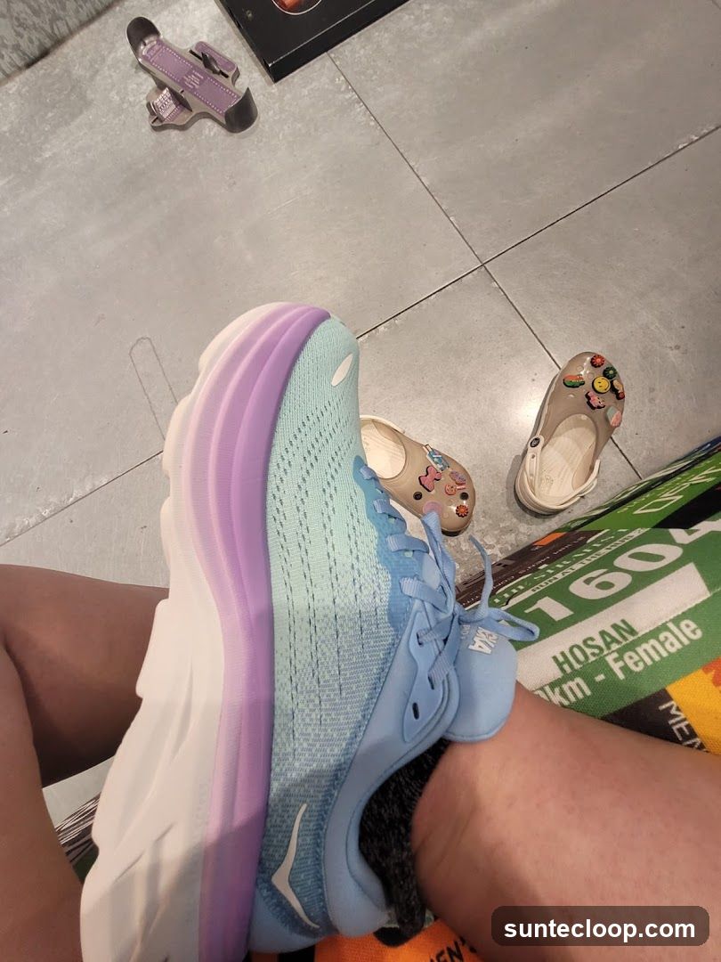 Close-up of Hoka running shoes