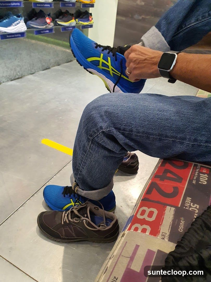 Trying on running shoes