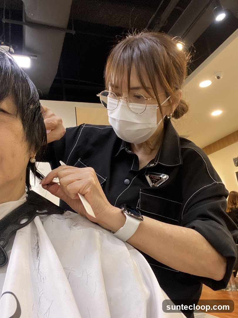 Hairdresser cutting client's hair