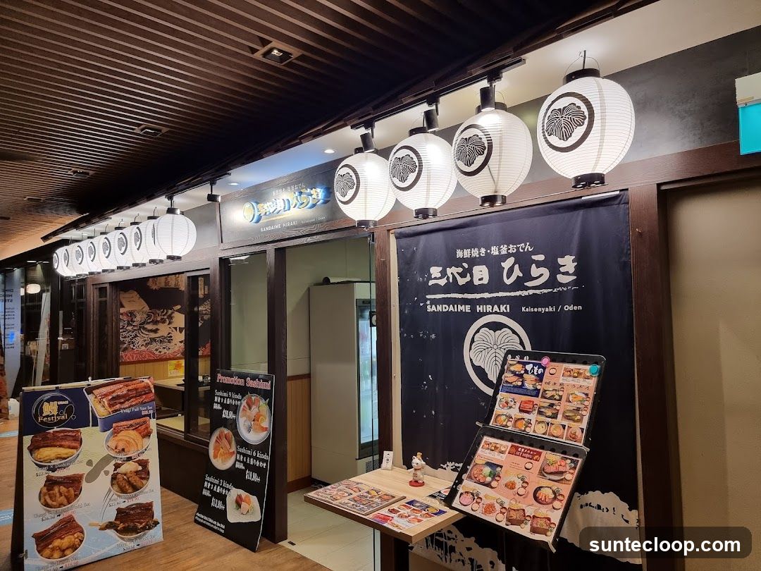 Japanese Restaurant Entrance with Lanterns and Menus