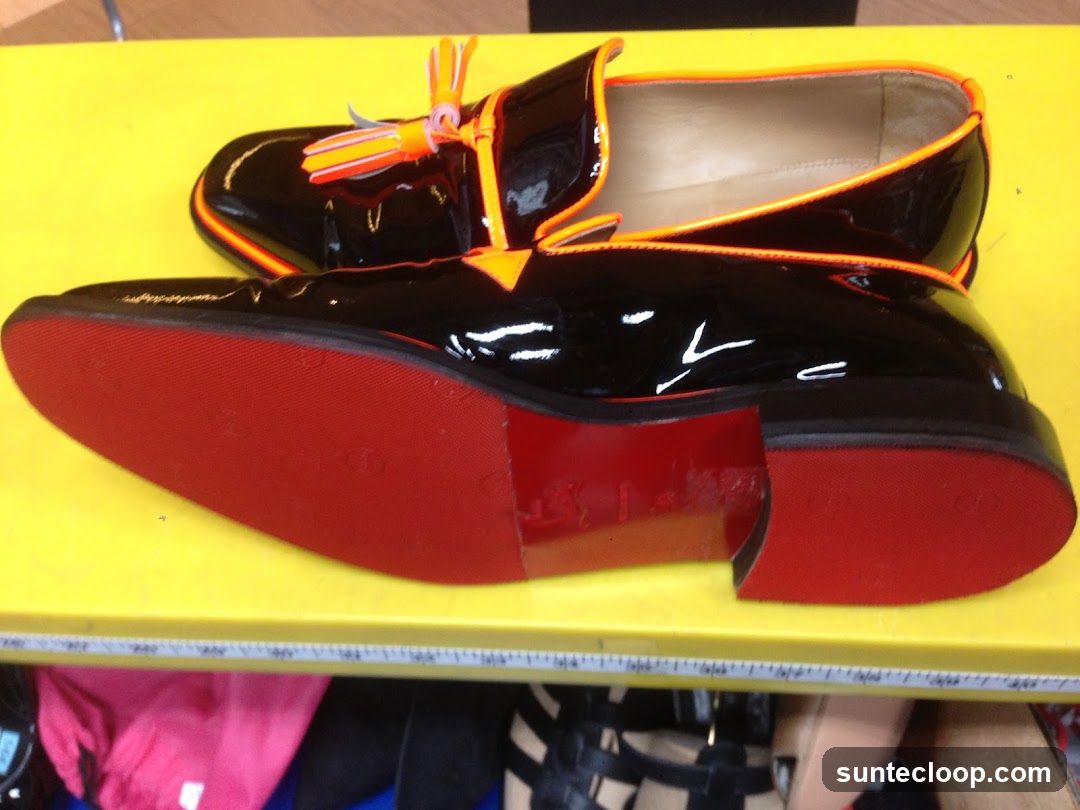 Black Patent Loafers with Orange Trim