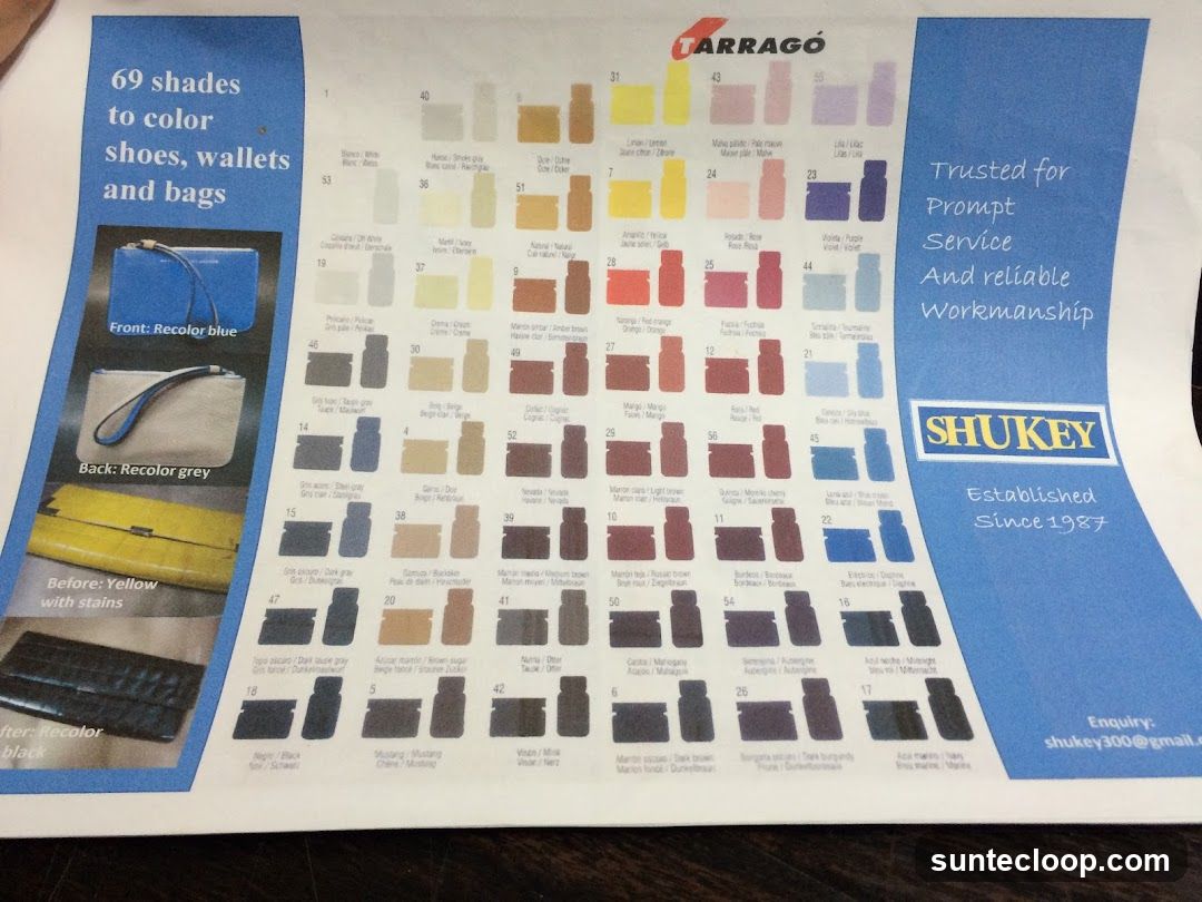 Color chart for recoloring shoes, wallets, and bags