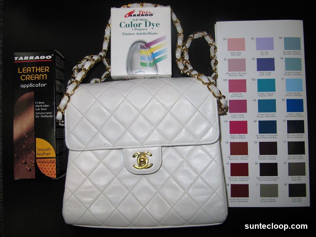 White quilted handbag with leather care products