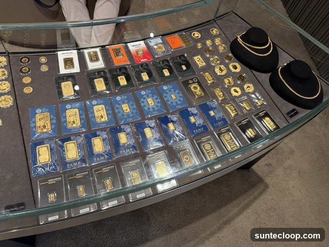 Display Case of Gold Bars and Jewelry