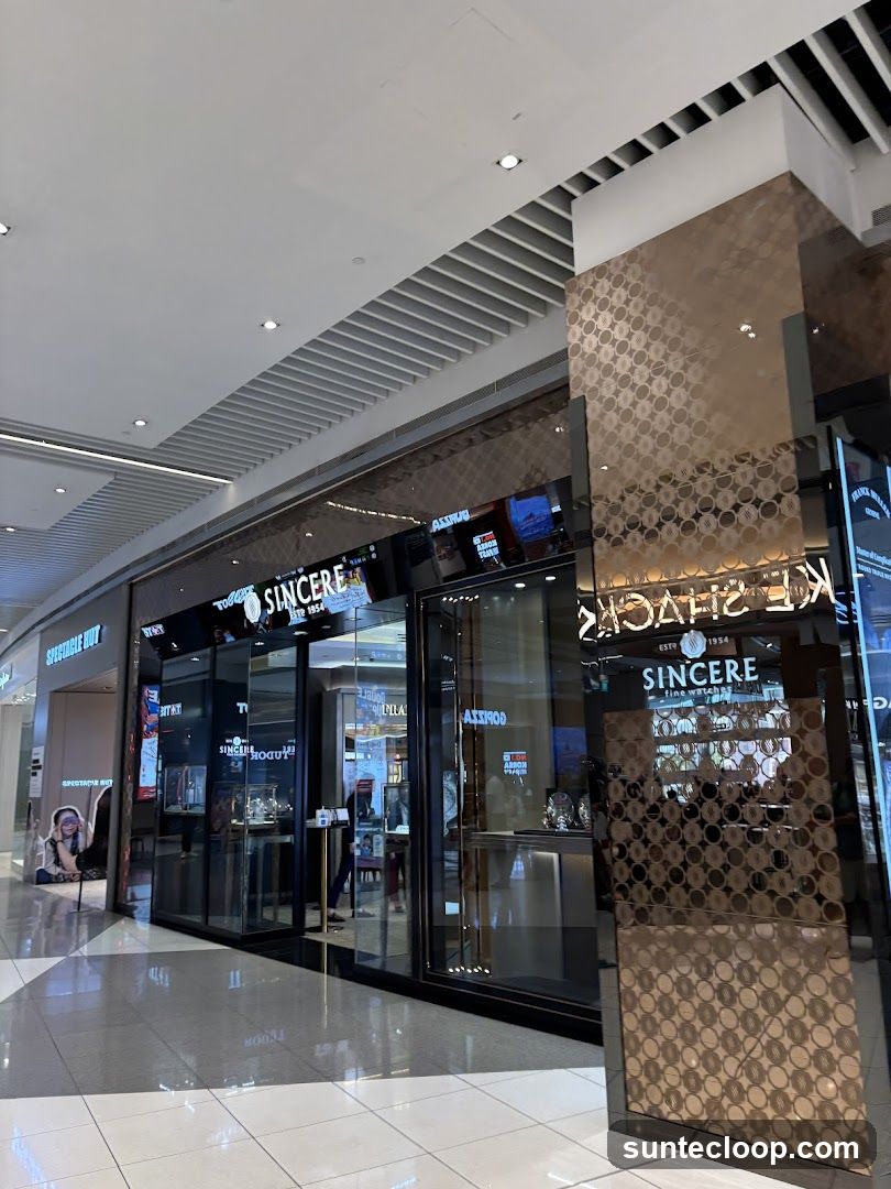 The exterior of a Sincere Fine Watches store, featuring a glass facade with prominent signage. The store displays watches inside glass cases.