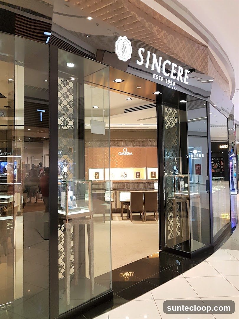 The exterior of a Sincere watch store, with its prominent signage and glass display cases visible. The store is located indoors, likely in a mall, with other shops visible in the background.