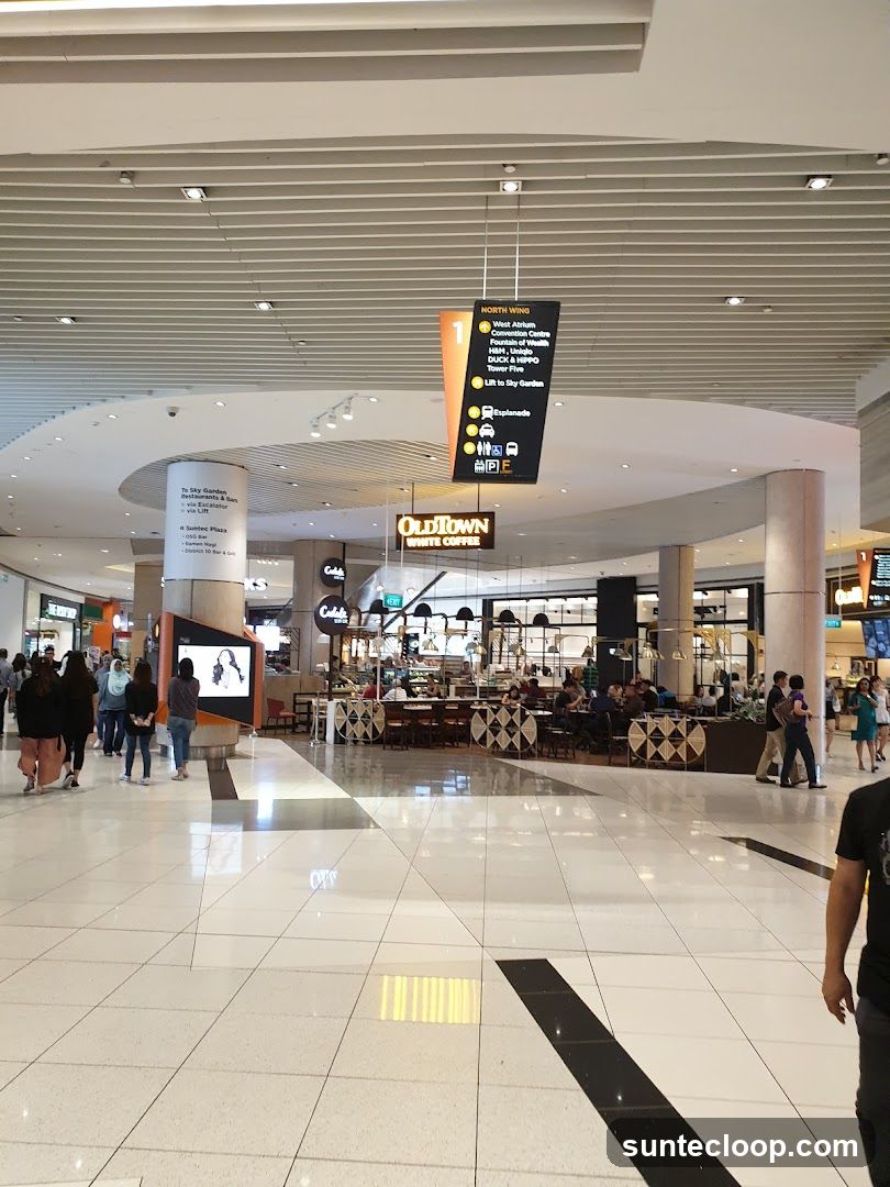 Indoor shopping mall with directional signs and a coffee shop