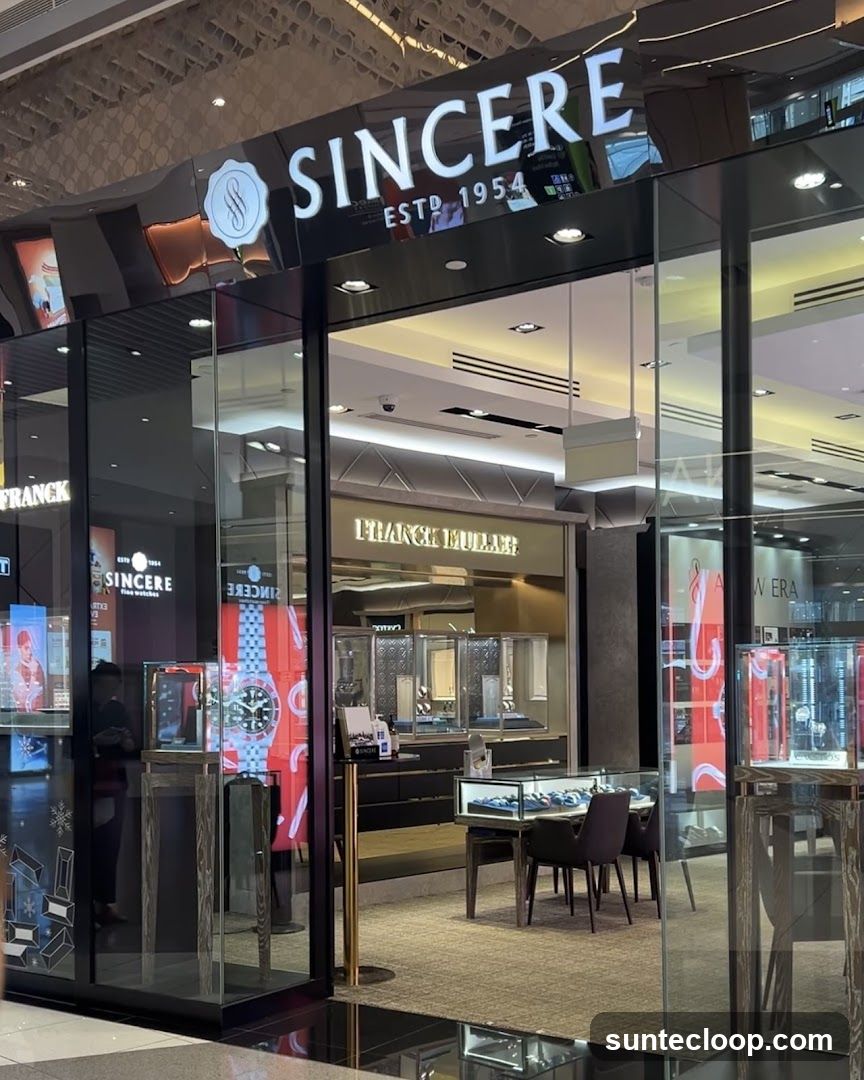 The exterior of a Sincere watch store, with the store name prominently displayed above the entrance. The store features large glass windows showcasing various watches in display cases. Inside, more display cases and seating areas are visible. The store appears to be located within a mall or shopping center.