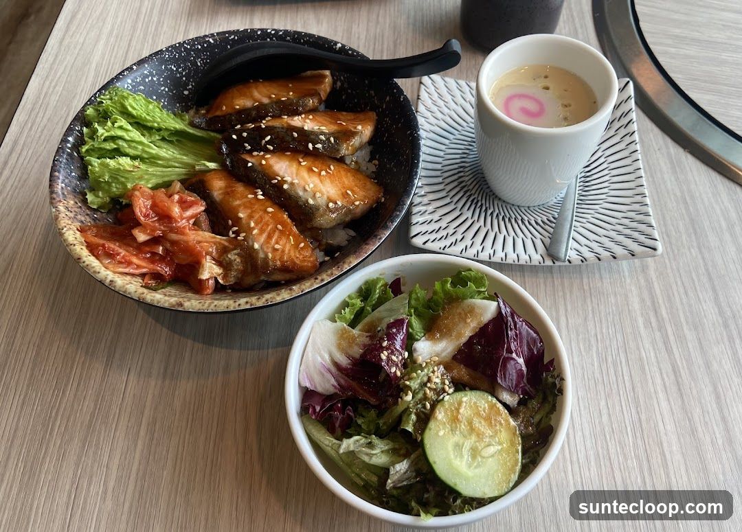 Salmon Donburi with Side Salad and Chawanmushi