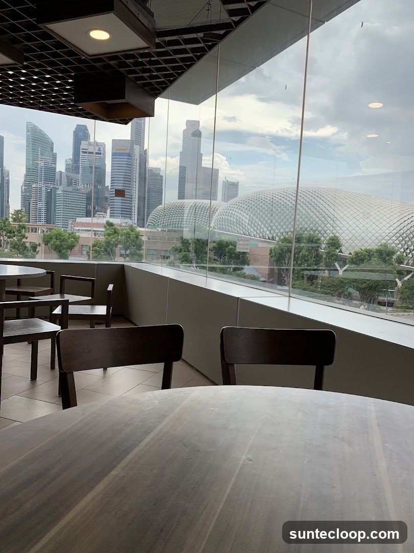Interior view of a cafe with a city skyline