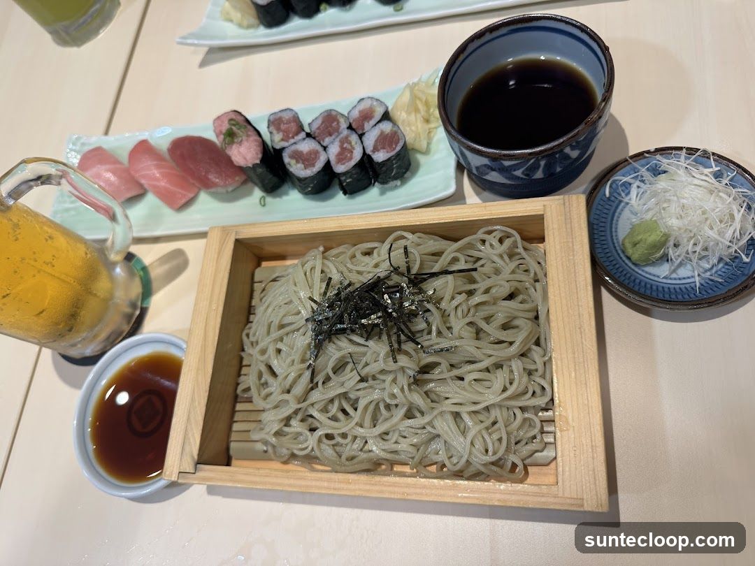 Soba noodles and sushi