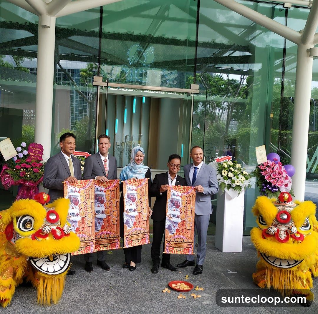 Group Poses with Lion Dance Props Outside Building