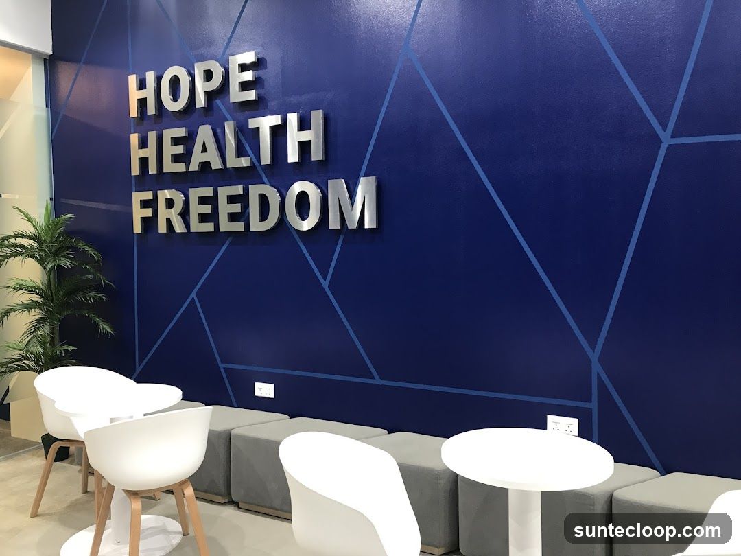 Interior of a waiting area with motivational text