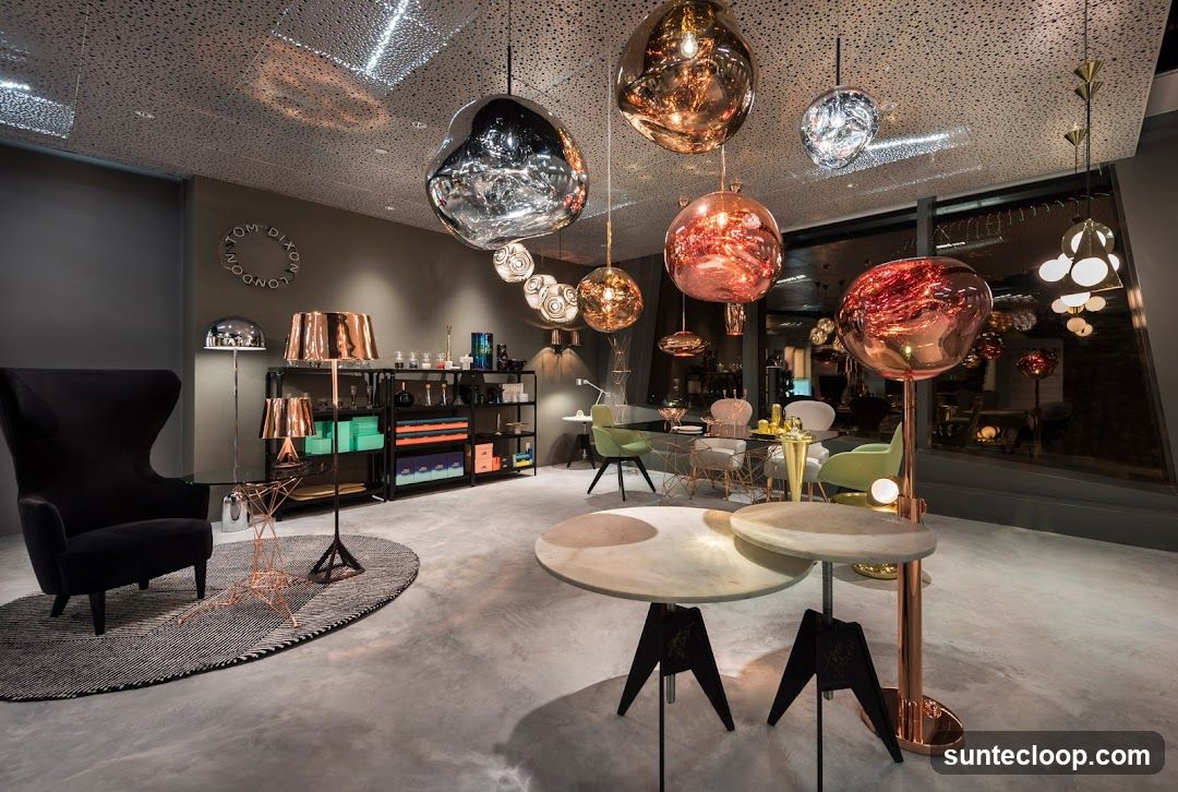 Interior of a modern showroom with designer lighting and furniture