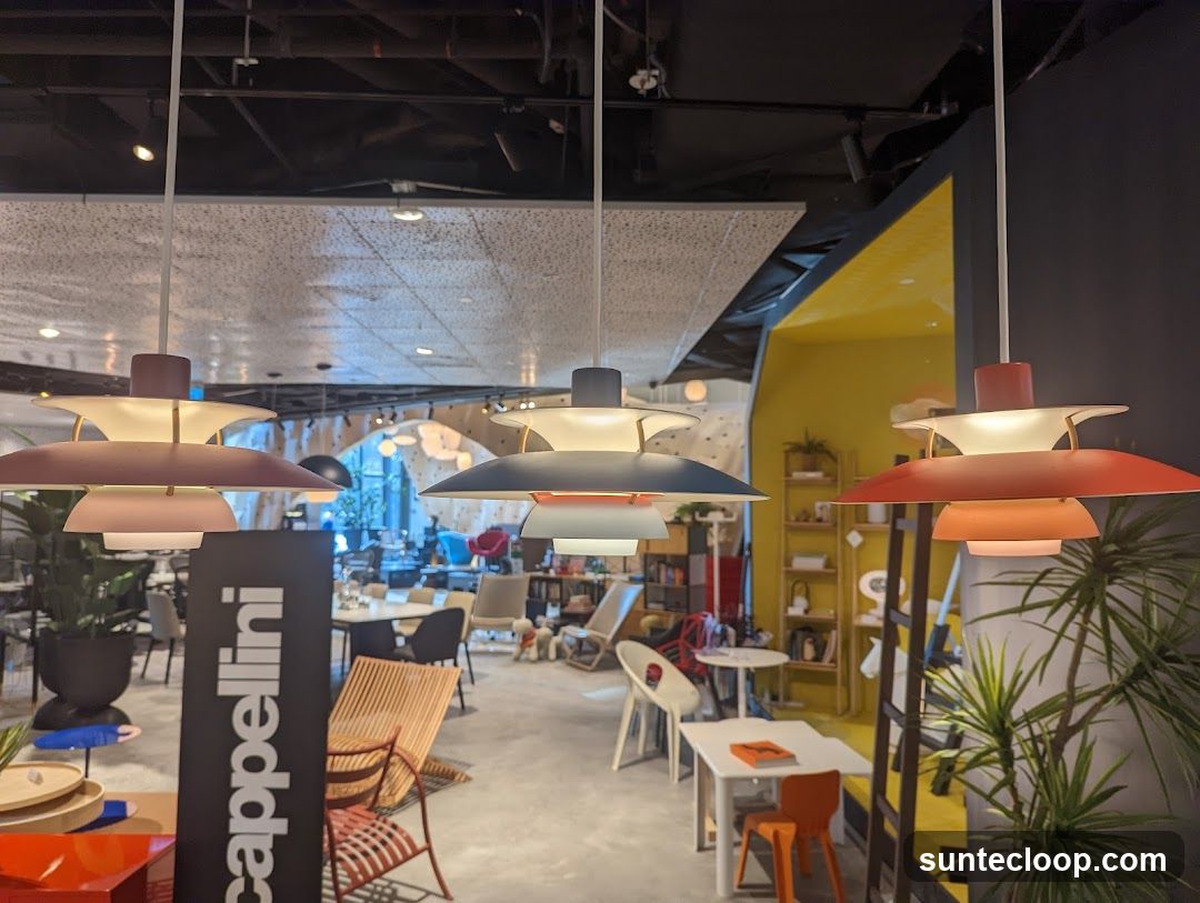 Interior of a modern furniture showroom with hanging lamps