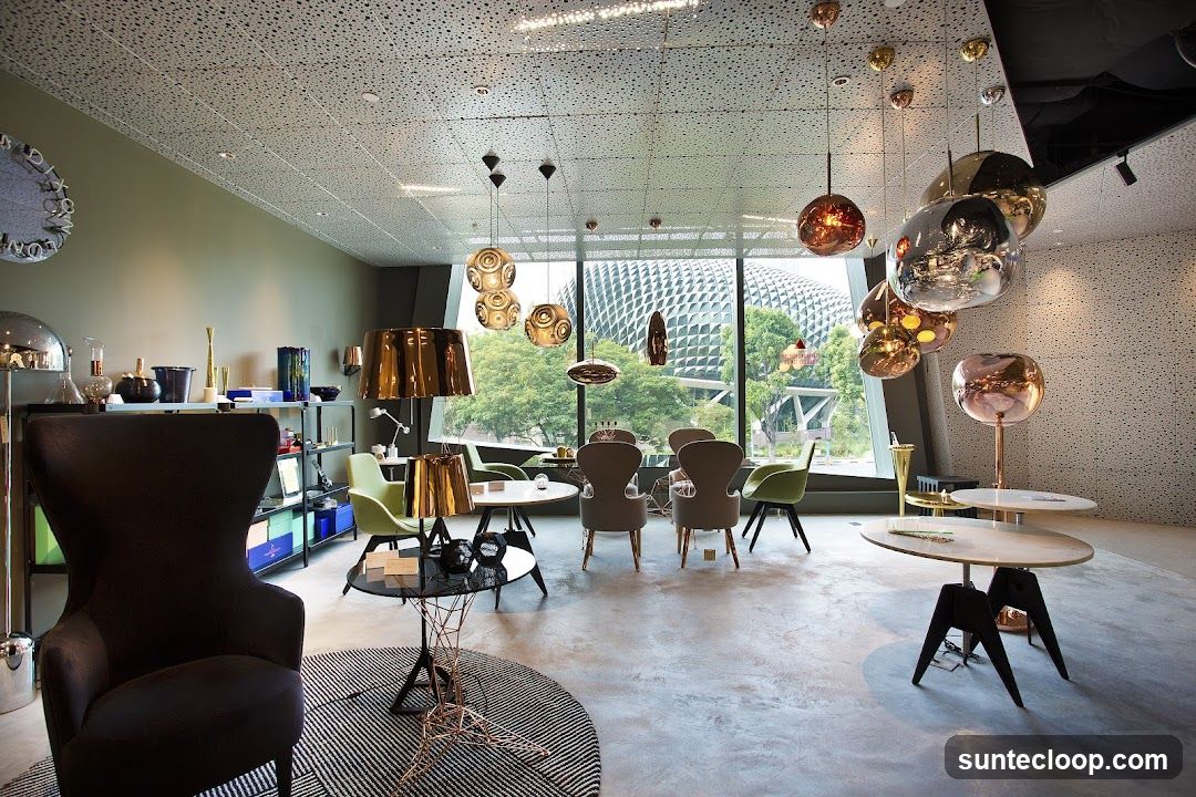 Interior of a modern showroom with designer furniture and lighting