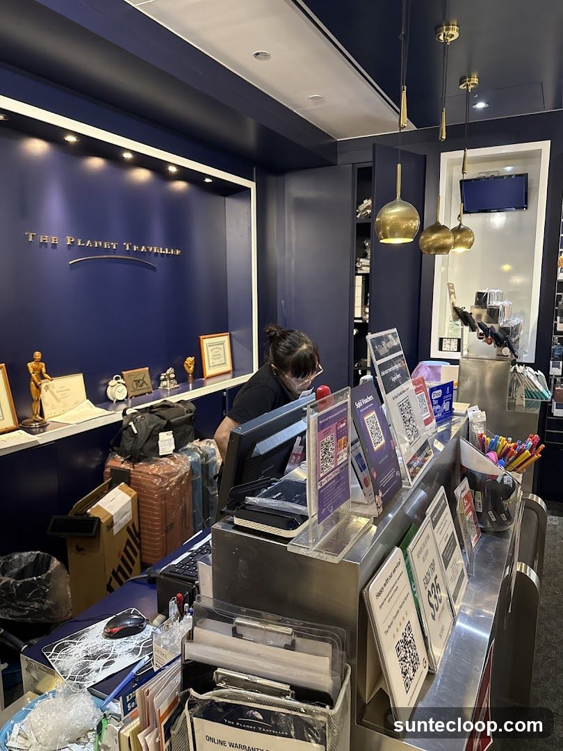 Counter with promotional signs and a staff member