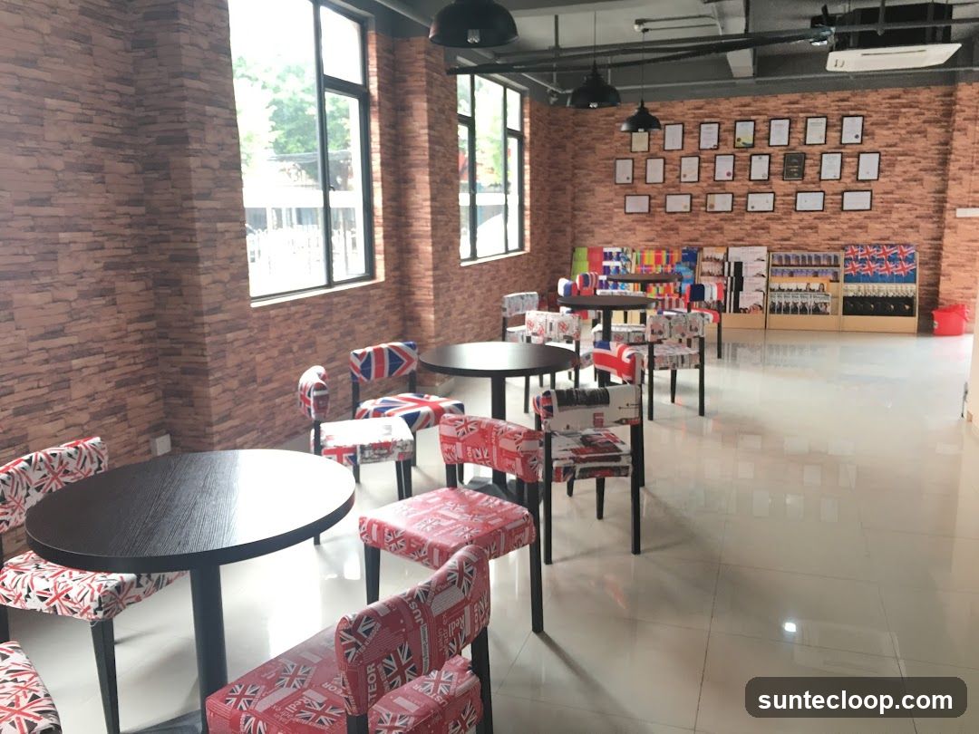 Interior of a cafe with Union Jack themed seating
