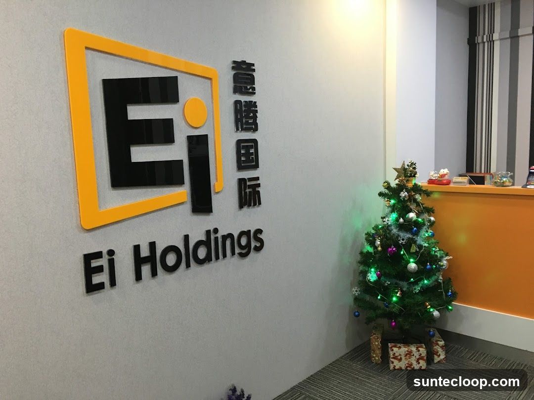 Office Interior with Company Logo and Christmas Tree