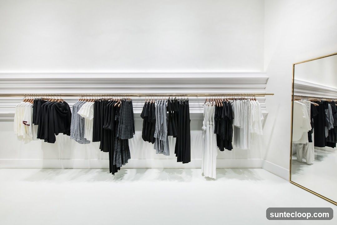 A minimalist clothing store interior with racks of black and white garments displayed against a white wall. A large, gold-framed mirror reflects more clothing racks.