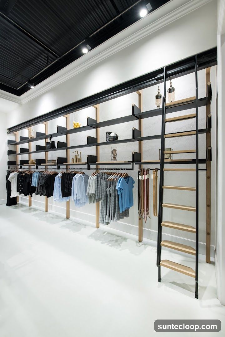 A well-lit clothing store interior featuring a modern shelving unit with a ladder. The shelves display various items including handbags, decorative objects, and books. Below the shelves, clothing is neatly hung on racks, showcasing shirts, dresses, and pants. Belts are also displayed on a rack to the right. The floor is a clean, white surface, and the ceiling is black with track lighting.