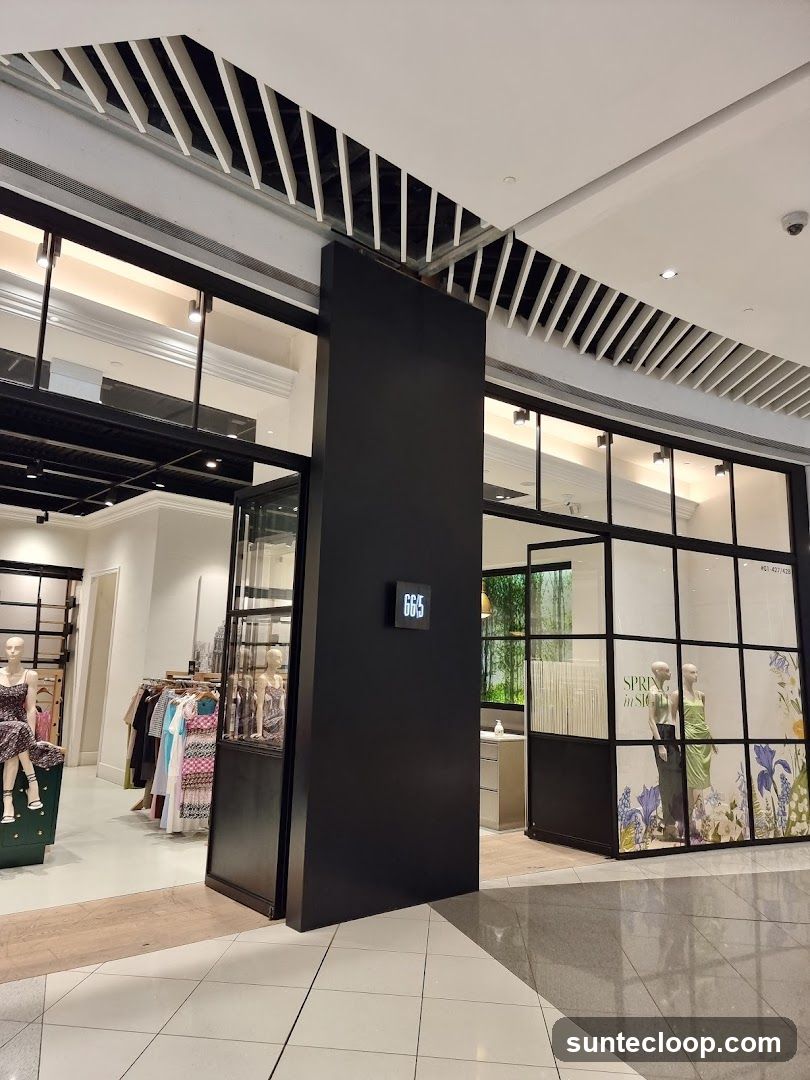 The exterior of a modern clothing store with a large glass facade. Mannequins are displayed inside, showcasing dresses. Racks of clothing are visible behind the entrance. A black pillar in the center displays the store's logo, "665". The store's windows are decorated with floral decals and the text "SPRING IN STORE".